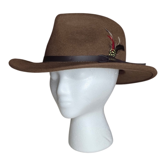 Scala Outback Pecan Wool Fedora Hat M Crushable Water Repellent Feather Unisex - Picture 1 of 15